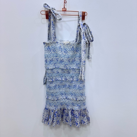 LoveShackFancy Dresses & Skirts - LoveShackFancy Belle Smocked Fitted Floral Mini Dress with Adjustable Straps Sm